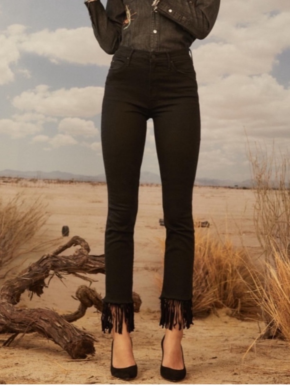 Mother High Waisted Rascal Crop Fray The Whip Jeans Black High Rise Fringe Hem